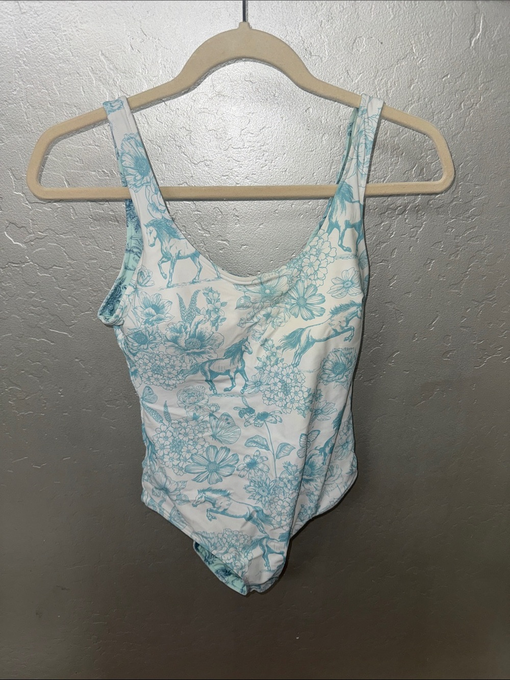 Posh Peanut  White One-Piece Swimsuit with Light Blue Floral & Horse Print